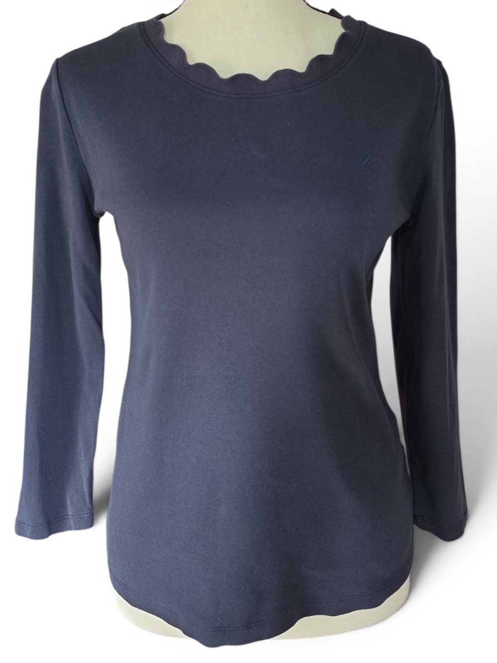 Nautica Classic Scalloped Neck Long-Sleeve Top - Navy Blue-Size Small